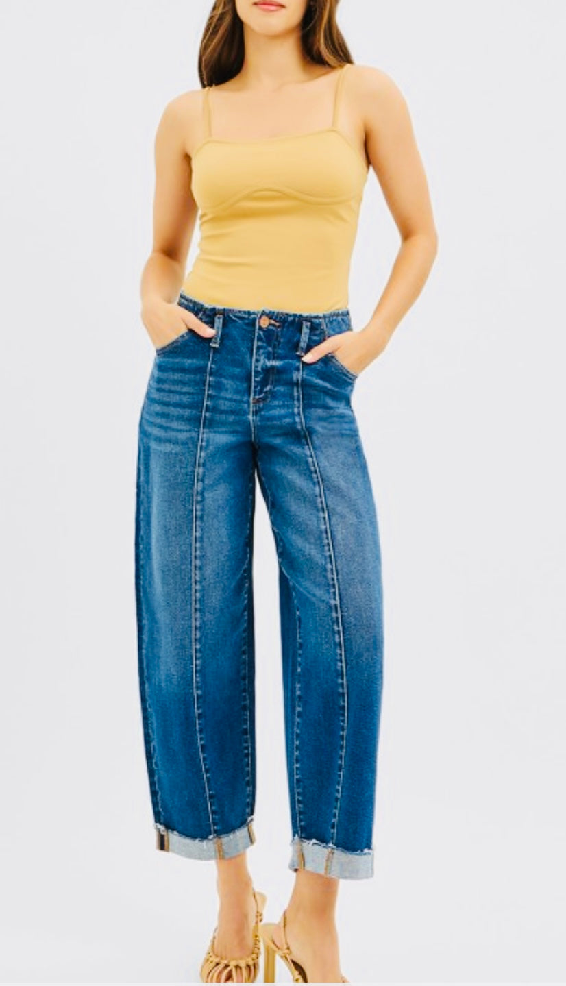 High Rise Fit Barrel Cuffed Jeans