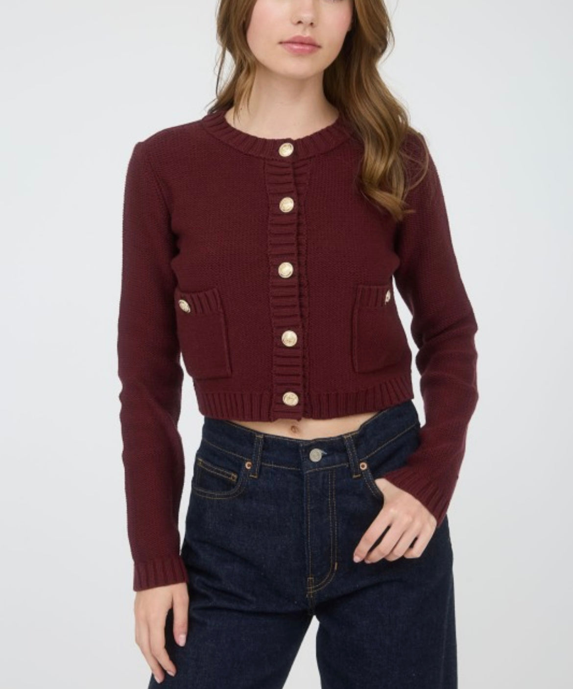 Gold Button Ribbed Trim Knit Cardigan Sweater