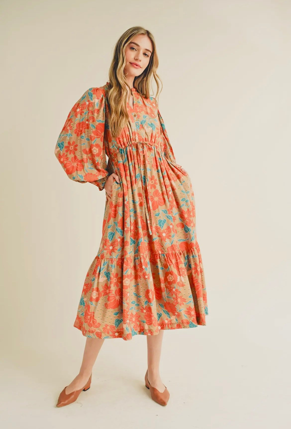 Exclusive Print Button Down Puff
Sleeve Midi Dress