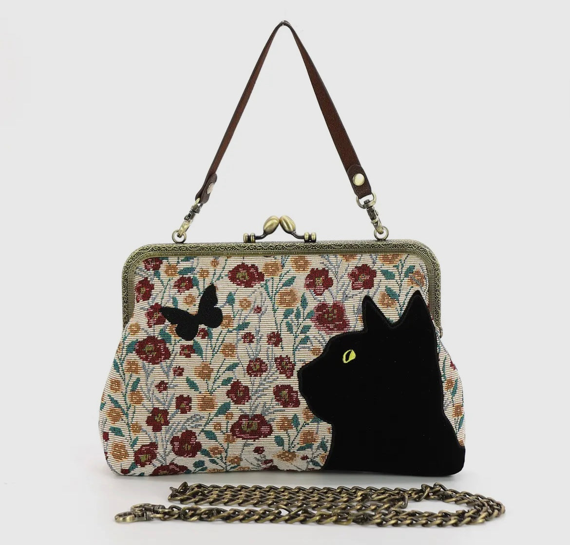 Floral Black Cat Kisslock Bag