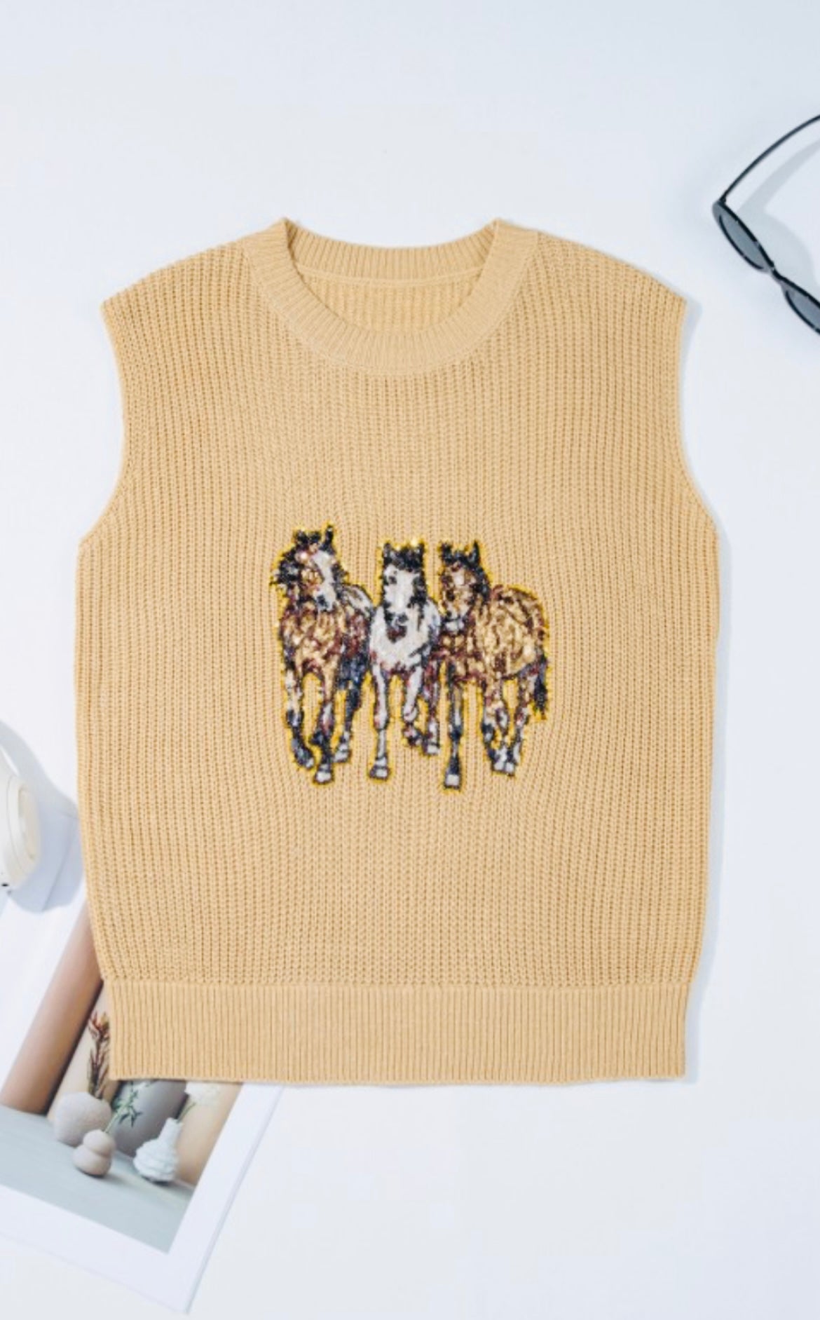 Sequin Horse Graphic Knitted Sweater Vest