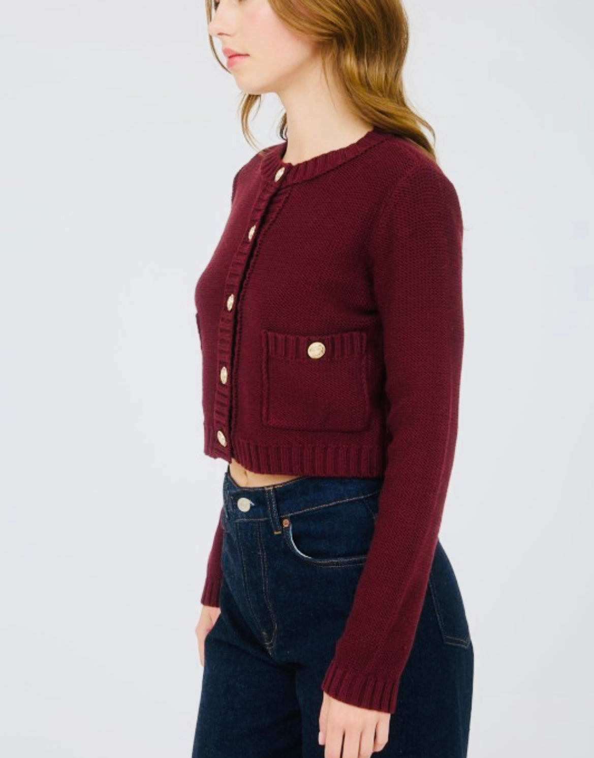 Gold Button Ribbed Trim Knit Cardigan Sweater