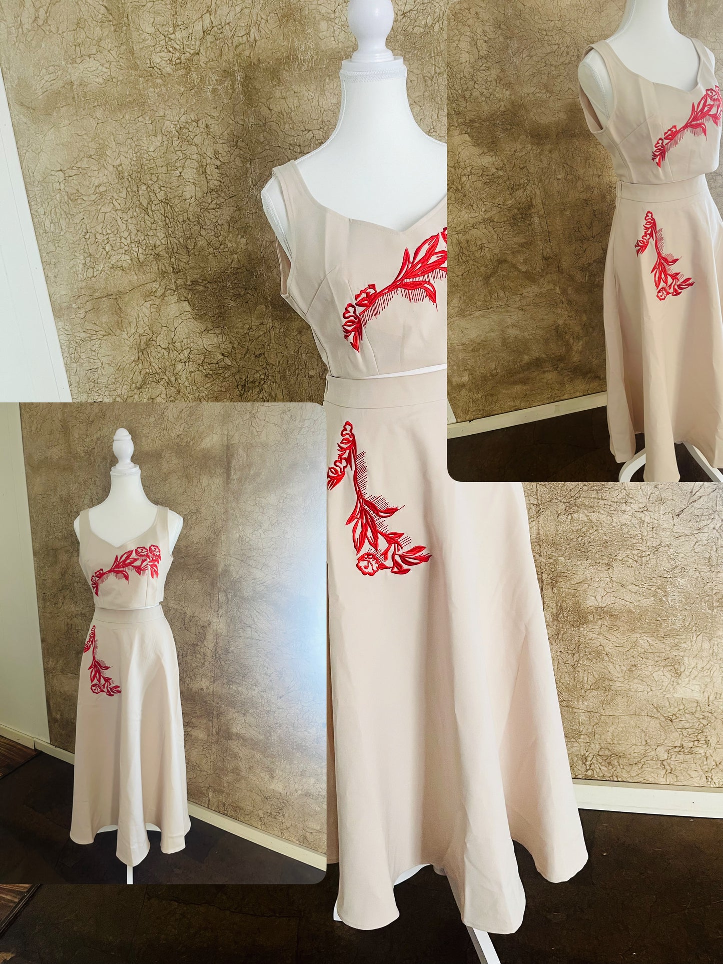 Two-piece Set With Red Floral Embroidery