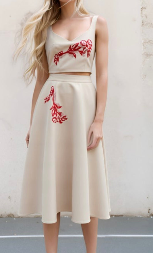 Two-piece Set With Red Floral Embroidery