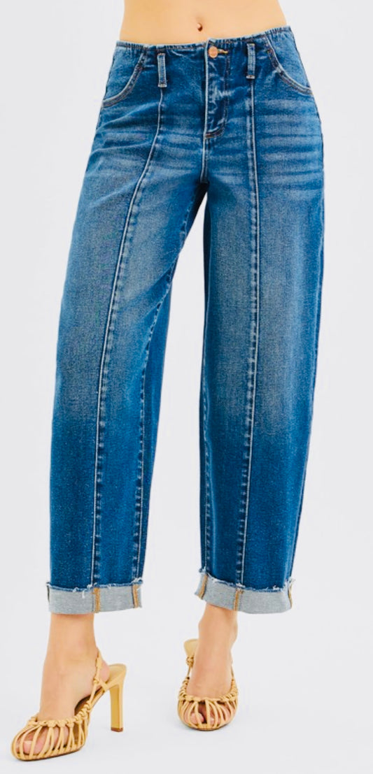 High Rise Fit Barrel Cuffed Jeans