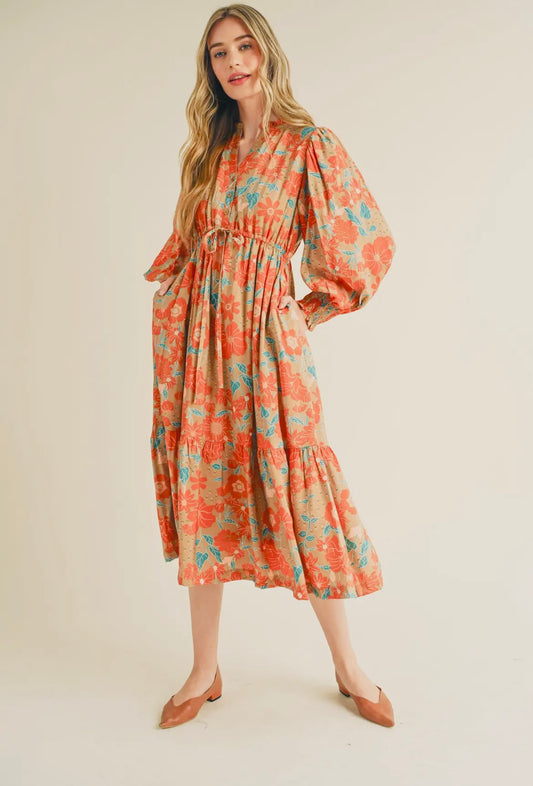 Exclusive Print Button Down Puff
Sleeve Midi Dress