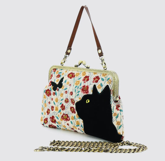 Floral Black Cat Kisslock Bag