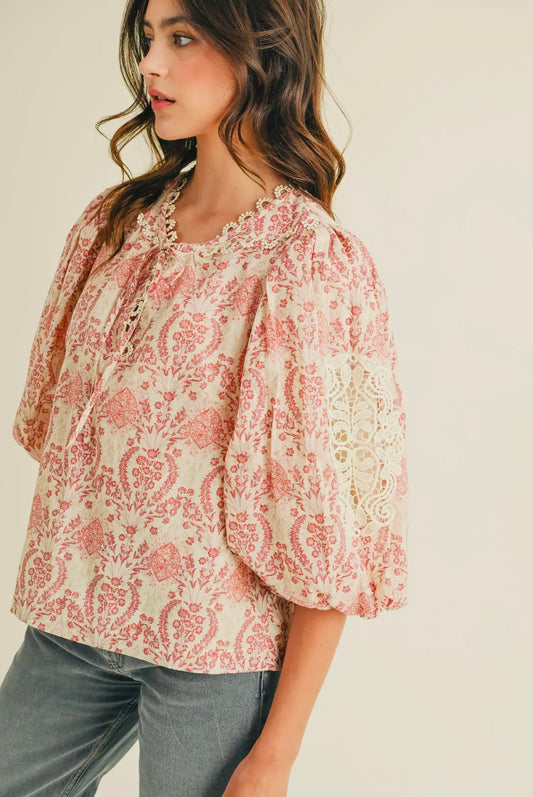 Lace Trim Bubble Sleeve
Top
