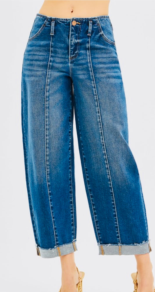 High Rise Fit Barrel Cuffed Jeans