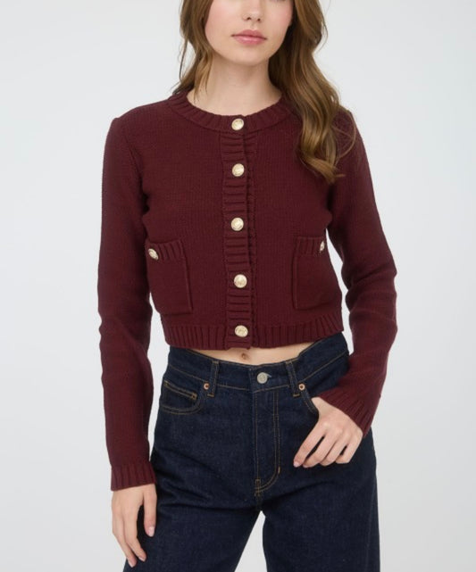 Gold Button Ribbed Trim Knit Cardigan Sweater