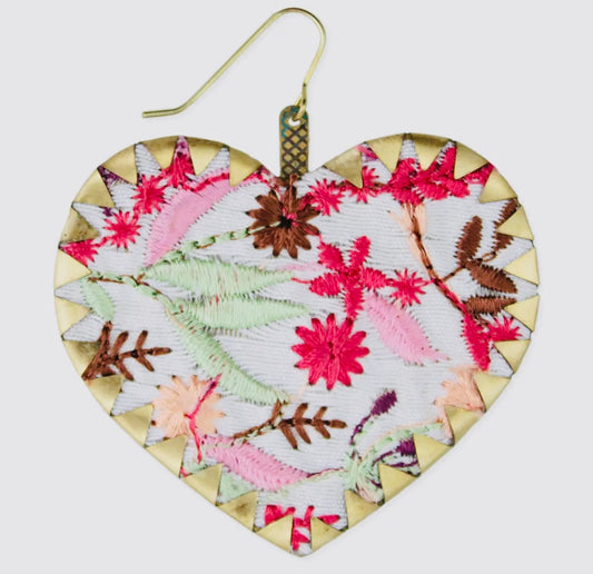 White Embroidered Flower Gold
Heart Earrings