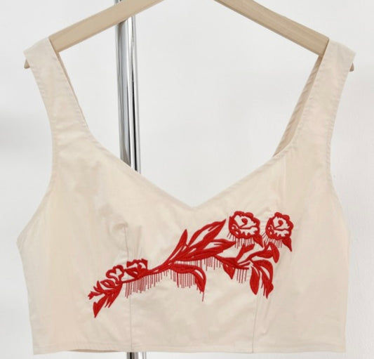 Two-piece Set With Red Floral Embroidery