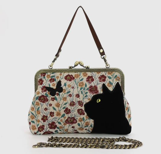 Floral Black Cat Kisslock Bag