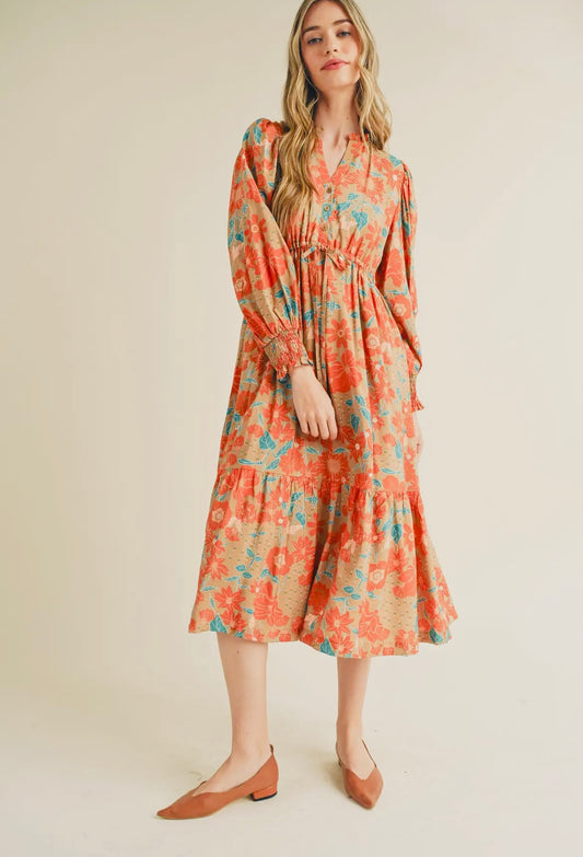 Exclusive Print Button Down Puff
Sleeve Midi Dress
