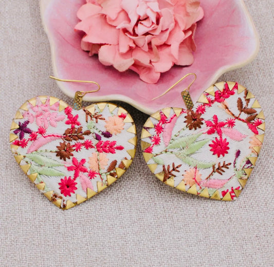 White Embroidered Flower Gold
Heart Earrings