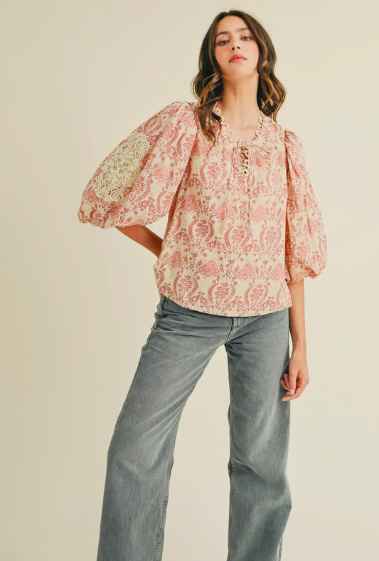 Lace Trim Bubble Sleeve
Top